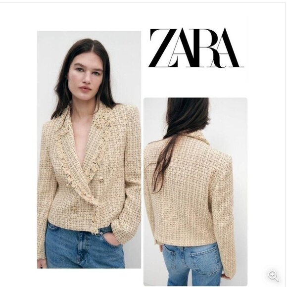 Zara Jackets & Blazers - Zara Tweed Double-Breasted Jacket with Fringe, Size Medium NEW WITH TAG!
